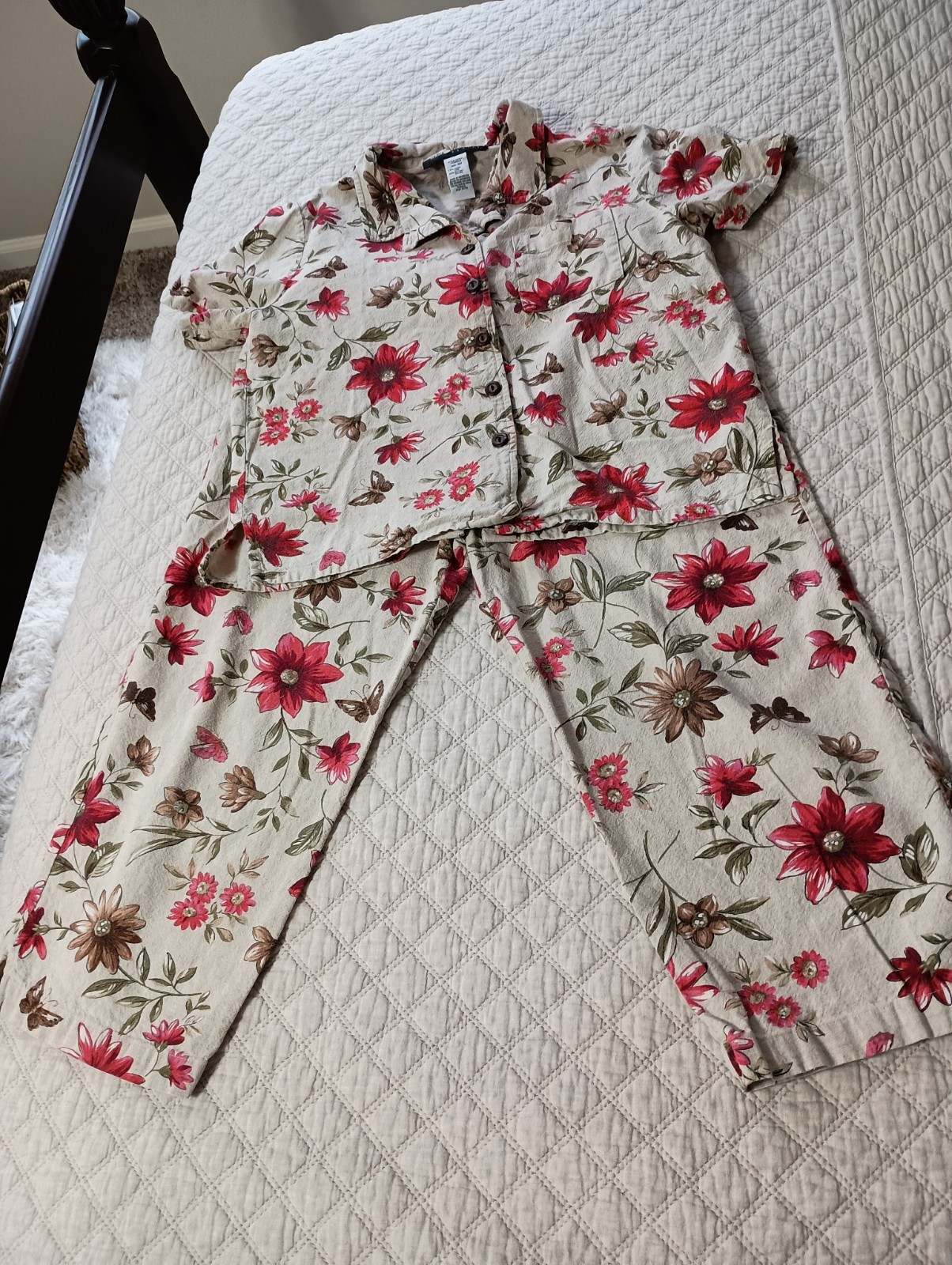 Vtg Sag Harbor Petites Sz 10P Casual 2 pc SS Beige Floral Crop Pant Set