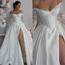 Gorgeous Off Shoulder Wedding Dress Long Sleeved Slit Pleated Satin Bridal Gown