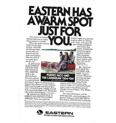 Eastern Airlines Winter Caribbean Vacations Ad 1970s Print Puerto Rico Boat