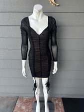 Celebrity Fashion Black Mesh Ruched Bodycon Dress Mini Long Sleeve V-Neck Size M