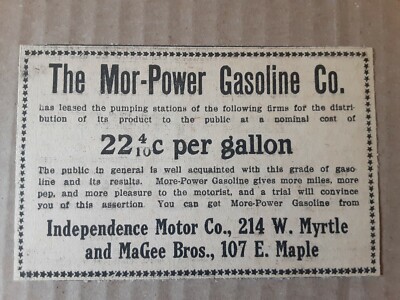 1919 Mor-Power Gasoline Co Newspaper Ad Independence Motor Co Kansas