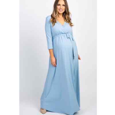 navy blue dress for baby girl Angel Maternity Crossover Faux Wrap Maternity Maxi Dress Light Blue main image 1