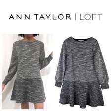 Ann Taylor LOFT Sz Medium 8 10 Dress Tweed Black Drop Waist Shift Career  v
