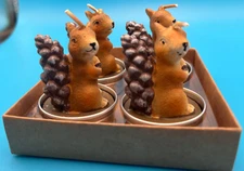 Forest Tealight Candles Set of 4 - Squirrels holding acorn with pine cone NEW