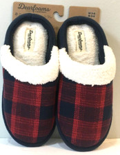 Dearfoams Unisex Slider Slippers Women 5/6 Red Plaid Warm Comfort Cushion Soft