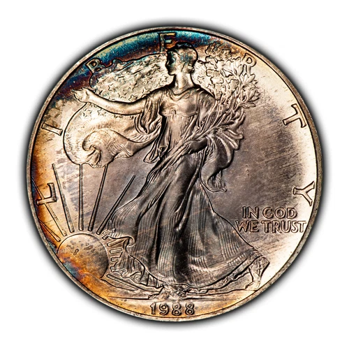 1988 1 oz Silver American Eagle - PQ Rainbow Pattern Toning - BU - SKU-E3133