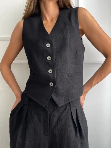 Women's Linen Cotton Vest and Pants Fashionable Summer Two-piece Set - Picture 15 of 25