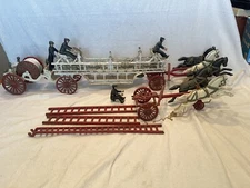 Vintage Lot Cast Iron Fire Hook & Ladder Fire Truck-2 & 3 Horse Drawn Wagons