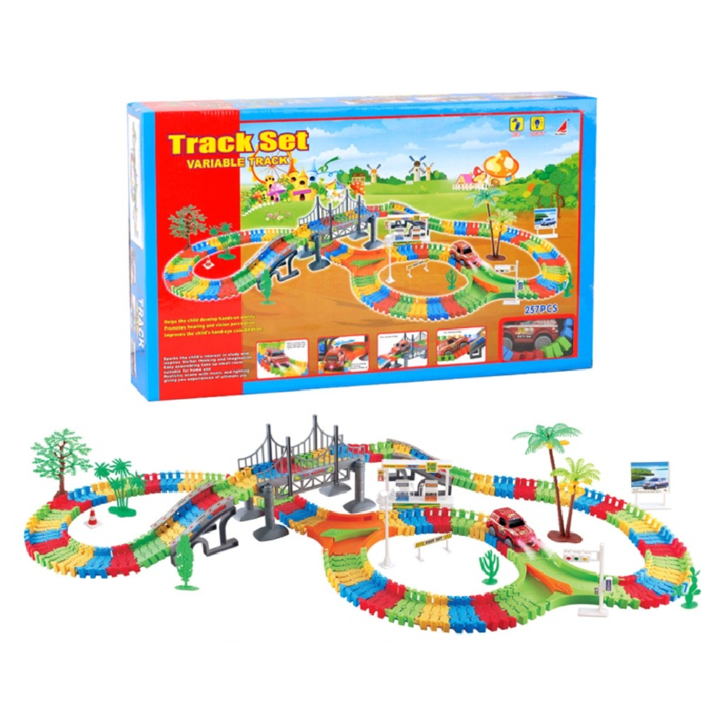 Flexible 240-Piece Race Car Track Set with Twisted Tracks for Kids
