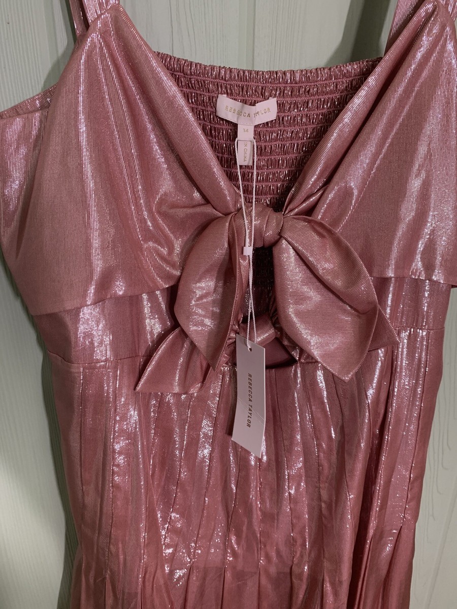 Rebecca Taylor Chiffon Bow Tie Metallic Shimmer Pink Pleated Midi Dress 14  | eBay