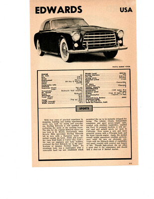 1954 EDWARDS SPORTS ~ ORIGINAL SMALLER SPECS ARTICLE / AD