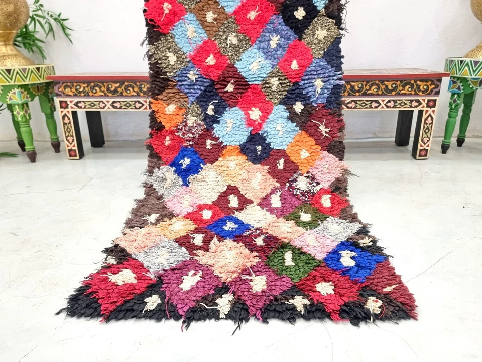 Moroccan Handmade Vintage Rug 2'1x6'2Berber Geometric Blue &Red Cotton &Wool Rug - Image 4 of 4