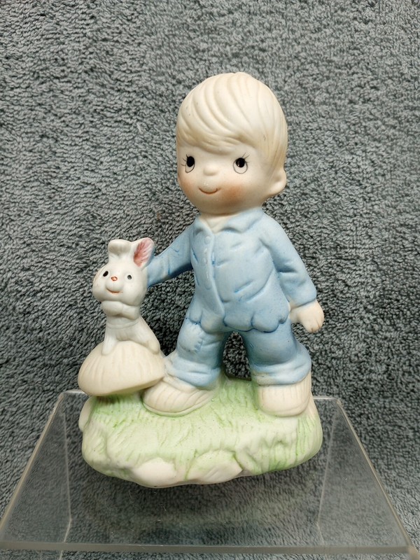 Precious Moments Style Figurine Boy With Bunny Rabbit