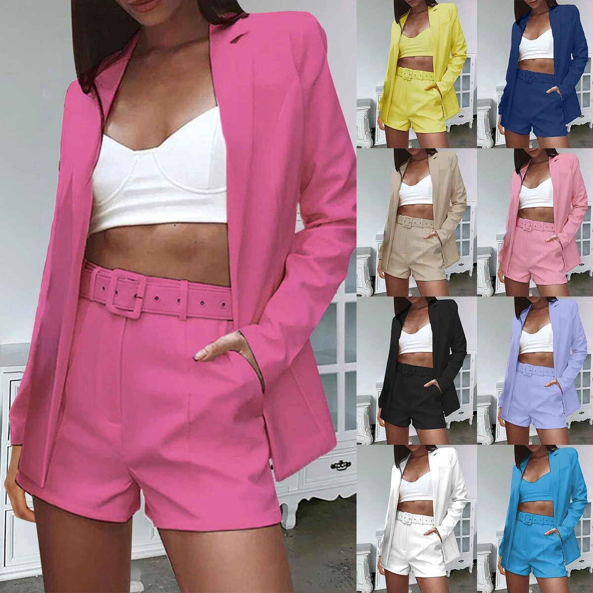 Women Formal Co-ord Set Jacket Coat Shorts Ladies Work OL Blazer Suit with  Belt | eBay