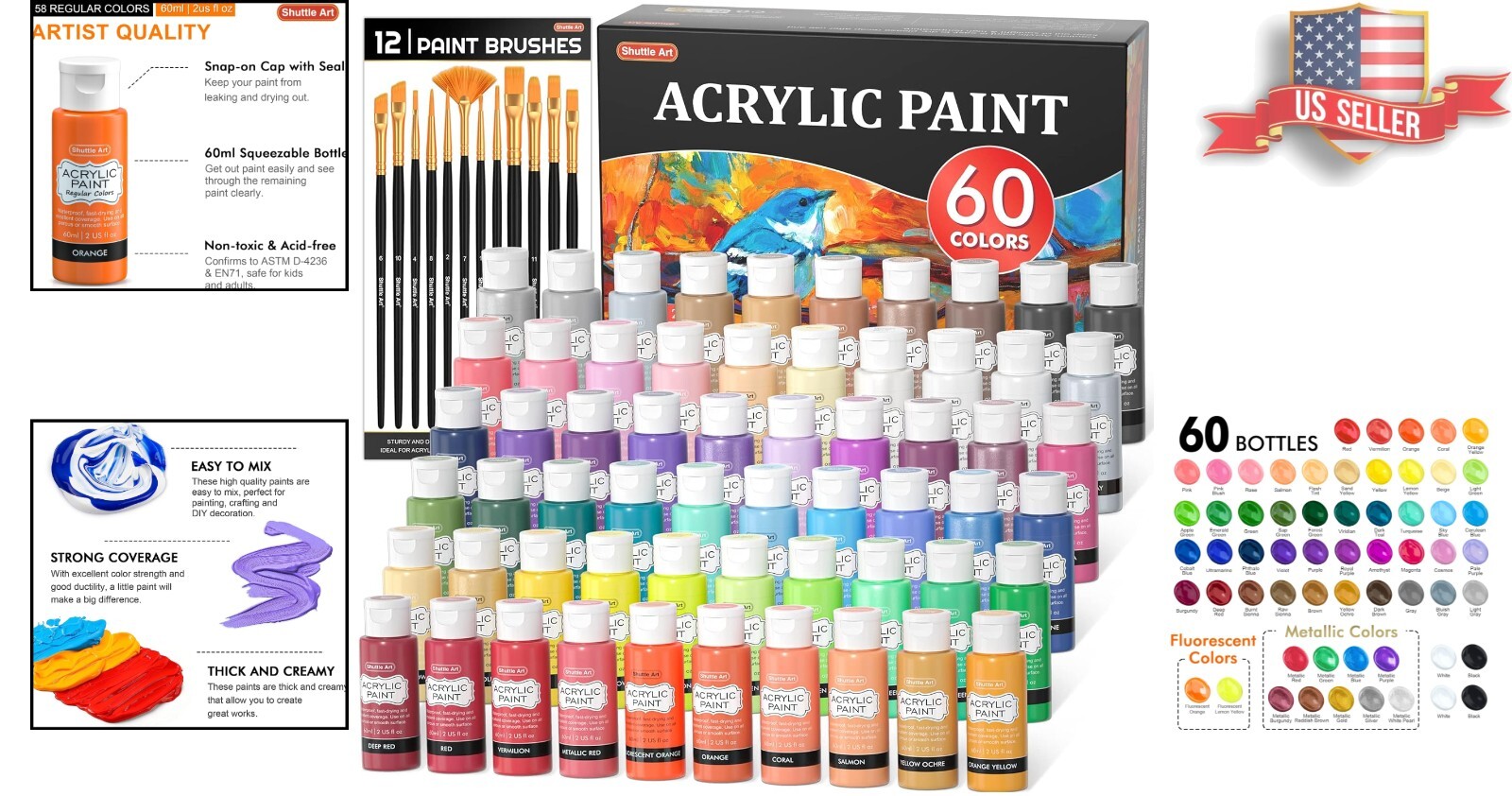 Artist's Dream: 72 Pack Acrylic Paint Set with Brushes - Rich Pigments