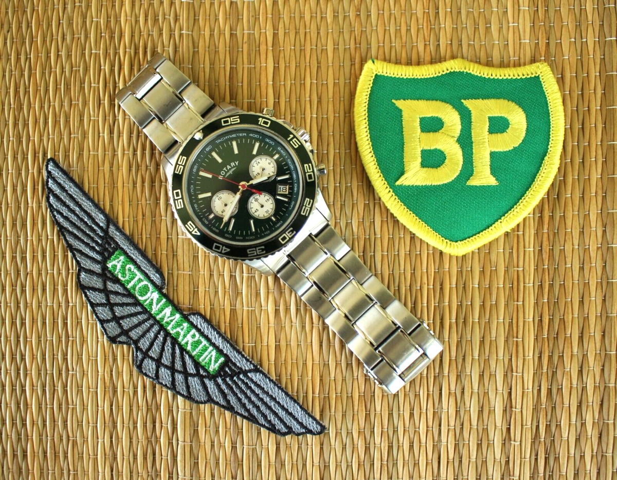 ASTON MARTIN BP OIL RACE SPONSOR STAINLESS GREEN DIAL CHRONOGRAPH WATCH BOX  SET