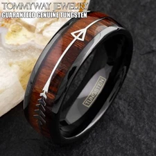 8mm Black Tungsten Carbide Men's 2-Tone Wood+Arrow Band Ring-Engraving Avail.