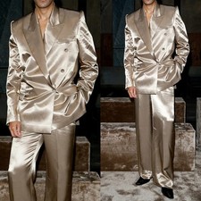 Bright Silk Satin Men Suit Slim Fit Peak Lapel Formal Tuxedos Wedding Prom Groom