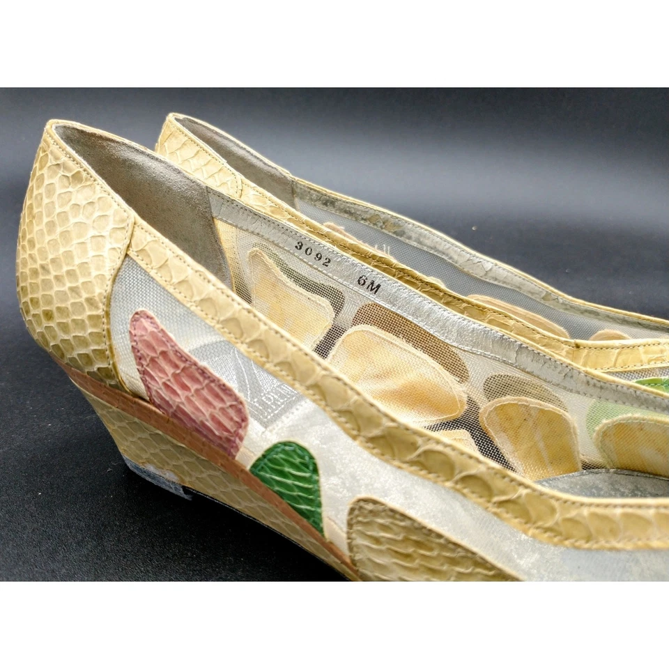 Vintage 80s JRenee Low Wedge Snakeskin Heel Pump Yellow Pink Green Sheer Retro 6 - Image 4 of 4