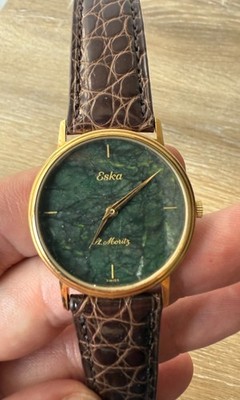 Extremely Rare Eska St. Moritz Moss Agate Dial - Vintage Stone Dial Watch