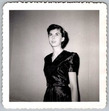 Vtg B&W Snapshot Jean Woman Dark Satin Dress New Years Eve Hurst Portrait 1951