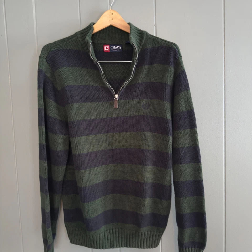 Rugby stripe 1/4 zip sweater mock neck S cotton Chaps green navy frat boy prep - Image 3 of 4