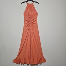 Badgley Mischka Women Dress Size 0 Orange Halter Ruched Sleeveless Long Maxi 353