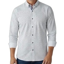 Nine West Men's Slim Fit Button Down Shirt White Blue Pattern Size M