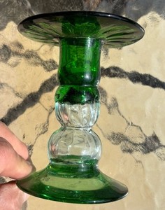 Mexico Glass Emerald Green/Clear Candlestick Holders 4-7/8” Tall X 3-3/4” Wide
