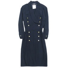 Chanel Coco Mark Dress Double Breasted Navy Gold Buttons Size 38 Chest 20.9 in