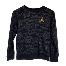 Boys Jordan All Over Print Long Sleeve Crewneck Sweatshirt Black Gold Logo L