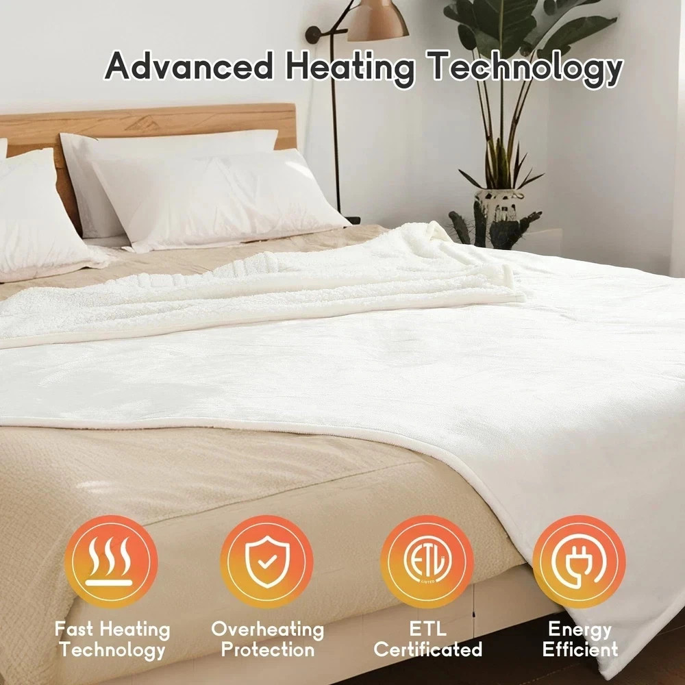 Heated Electric Blanket King Size 90''x100'', Dual Controller Soft Flannel White