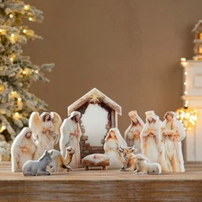 Glitzhome 13pc Christmas Wooden and Epoxy Resin Nativity Figurine Set - NIB