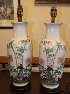 Late Qing/Republic Period Pair of Polychrome Enamel Quail Vase Lamp Bases