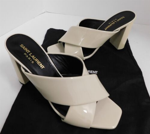 New Saint Laurent Lou Lou Light Beige Patent Leather Strappy Slide Sandals 37 - Picture 1 of 6
