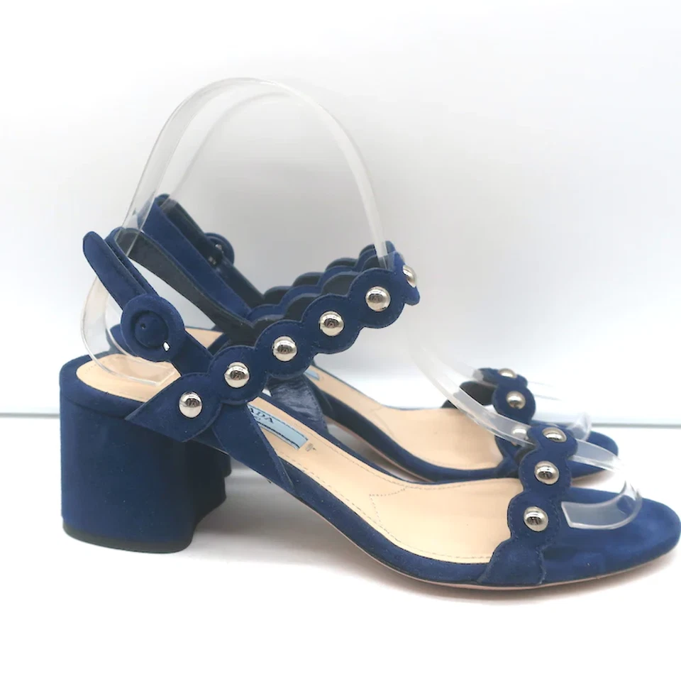 Prada Studded Scalloped Suede Sandals Navy Size 36 Ankle Strap Heels - Image 2 of 4