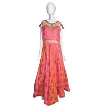 Handmade Beaded Dress Pink Gold Bollywood Full Length Formal S/M