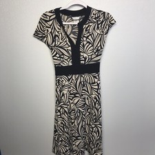 ELIZA J Beige Black Swirl Printed Waist Tie Dress Sz 8