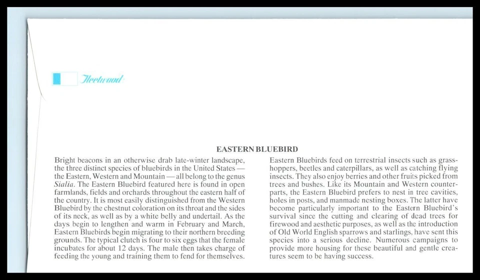 1996 Eastern Bluebird 3c sheet stamp Sc 3033 with premium Fleetwood cachet - Image 2 of 2