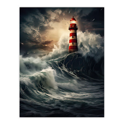 Leuchtturm gegen ein stürmisches Meer dramatische Meereslandschaft Wandbild Poster Druck Bild