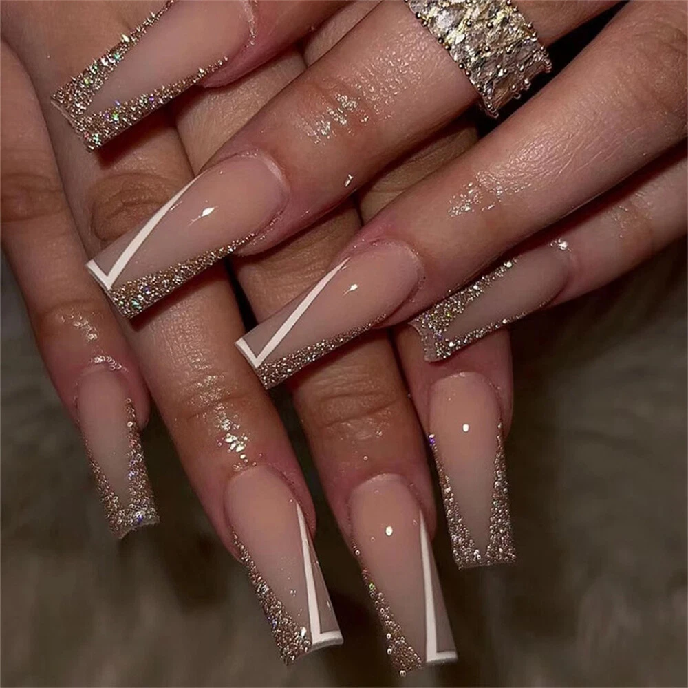 Glitter White Lines False Nail Long Coffin Press on Nails for