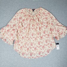 Chaps Women's 2X Crepe Peasant Blouse 3/4 Bell Sleeves Cream Pink Floral NEW $66