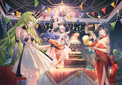 Anime girls dress cake balloon green hair Play Gaming Mat Desk