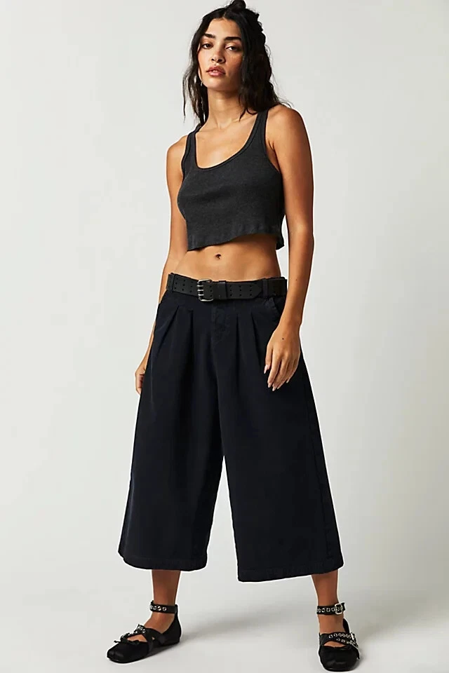 Free People Hard Rain Gaucho Pants High Waist Wide-Leg Cotton Black L-12  266754