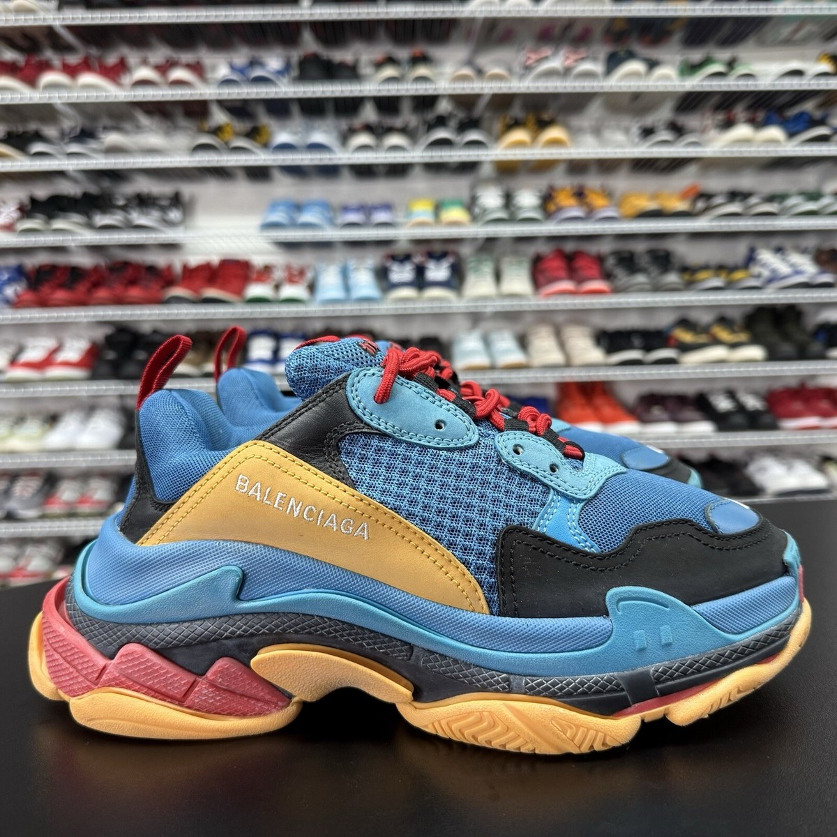 Balenciaga Triple S Sneaker Blue Orange Red Distressed Mens Balenciaga Triple S Sneaker Blue Orange Red Distressed Mens