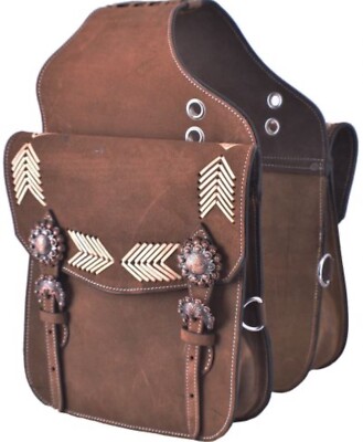 Western Roughout Leather Cantle Saddle Bag Rawhide Arrow Inlay Horse ATV SB-66