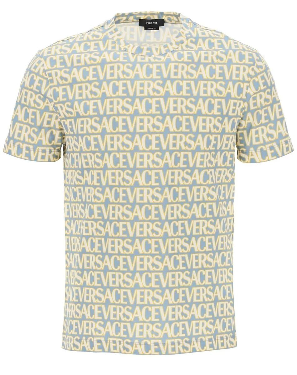 【関税&送料込み】Versace Logo Print T-Shirt VERSACE 'Allover Logo T-Shirt' Slim-Fit 100% Cotton Blue