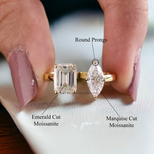 Toi Et Moi Moissanite Ring Marquise And Emerald Moissanite Wedding Ring FD141 - Picture 10 of 10