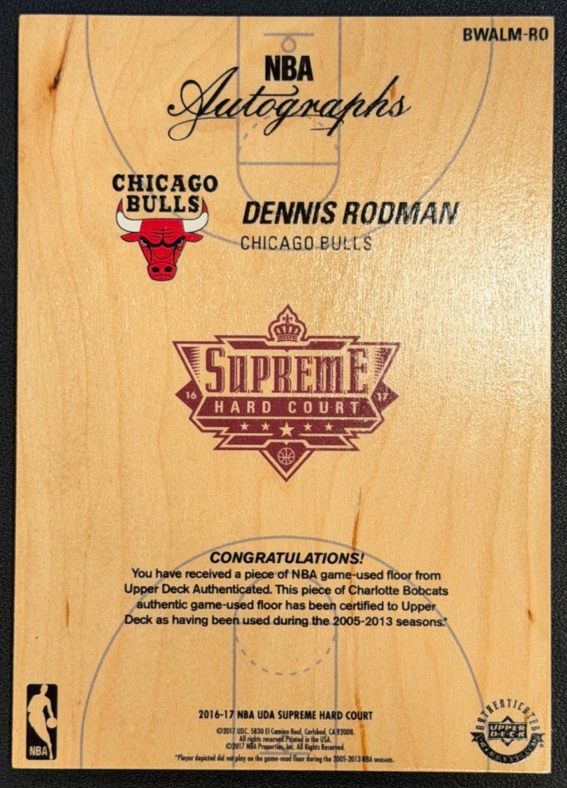 Dennis Rodman 2016-17 Upper Deck Supreme Hard Court Game Used Floor Auto #70/91 view 2