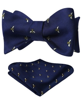 HISDERN Men's Bee Pattern Self Bow Tie And Pocket Square One Size, Bee/Blue 
